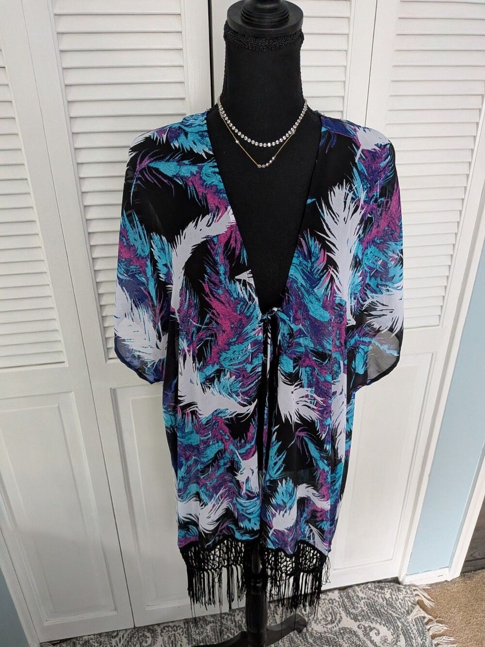 Catalina Kimono CoverUp Women S Plume Fringe Blue Purple Boho Resort Beach Vacay